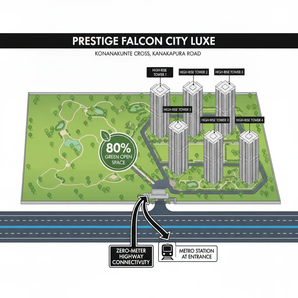 Prestige Falcon City Luxe residential towers exterior view - project address on Kanakapura Main Road, Konanakunte, Bengaluru