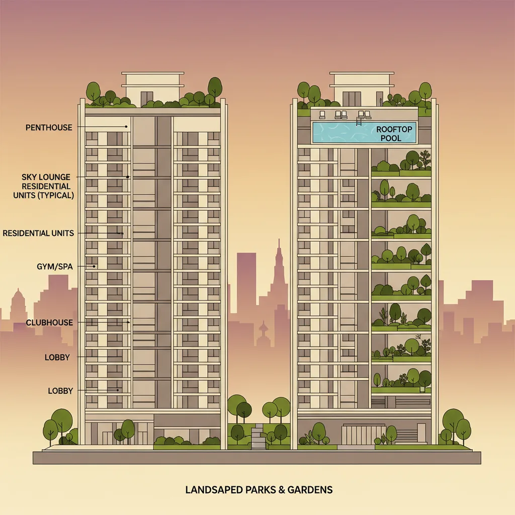 What is the total floor count for each tower in Prestige Falcon City Luxe?