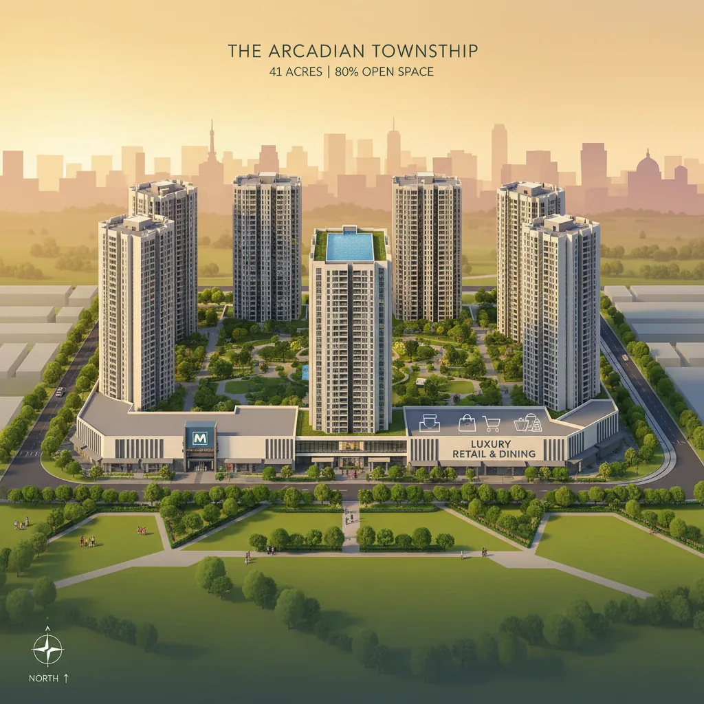 Modern luxury residential apartment township aerial view of Prestige Falcon City Luxe with green campus, high-rise towers, and landscaped gardens in South Bangalore