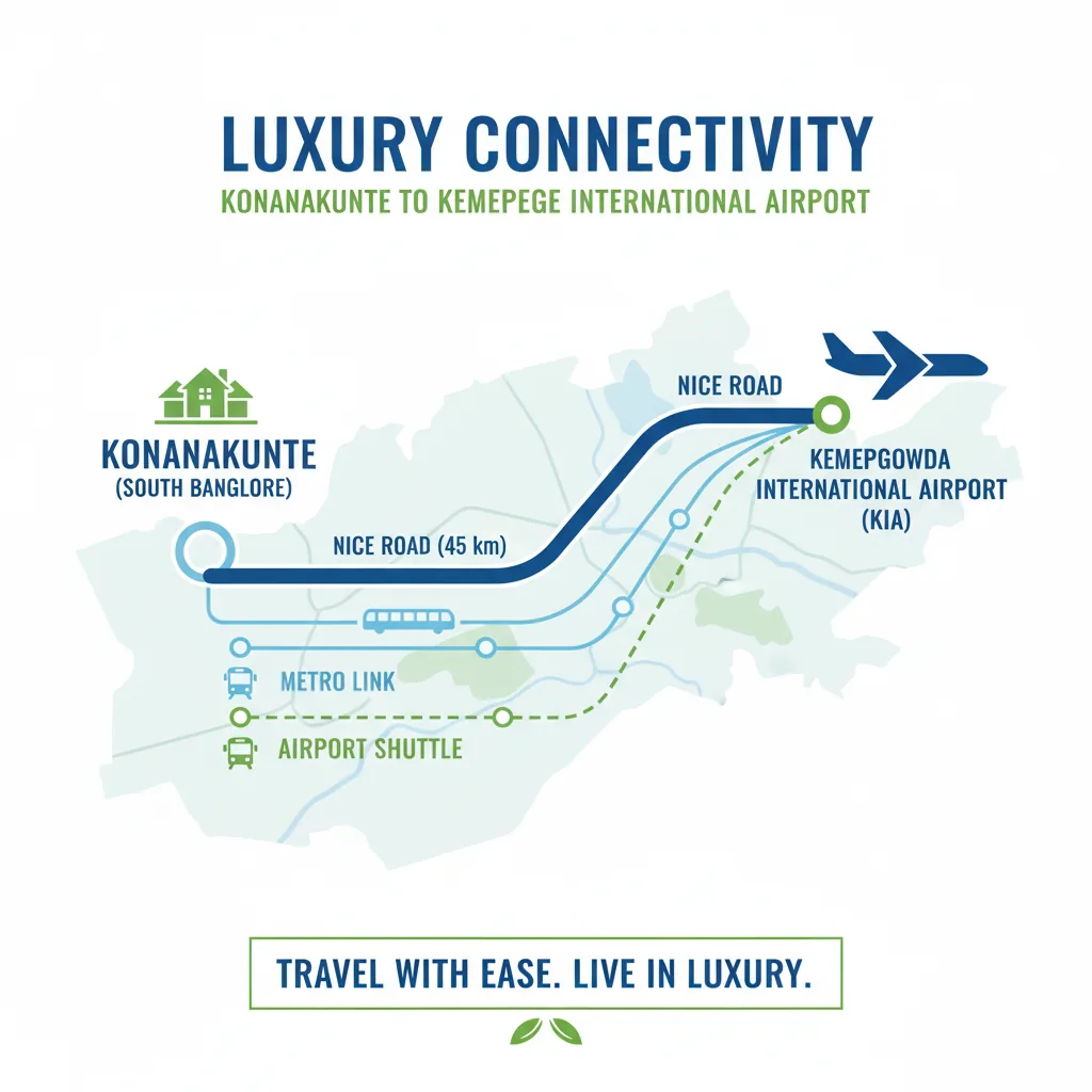 Modern infographic style illustration showing airport connectivity from Prestige Falcon City Luxe luxury residential township to Kempegowda International Airport