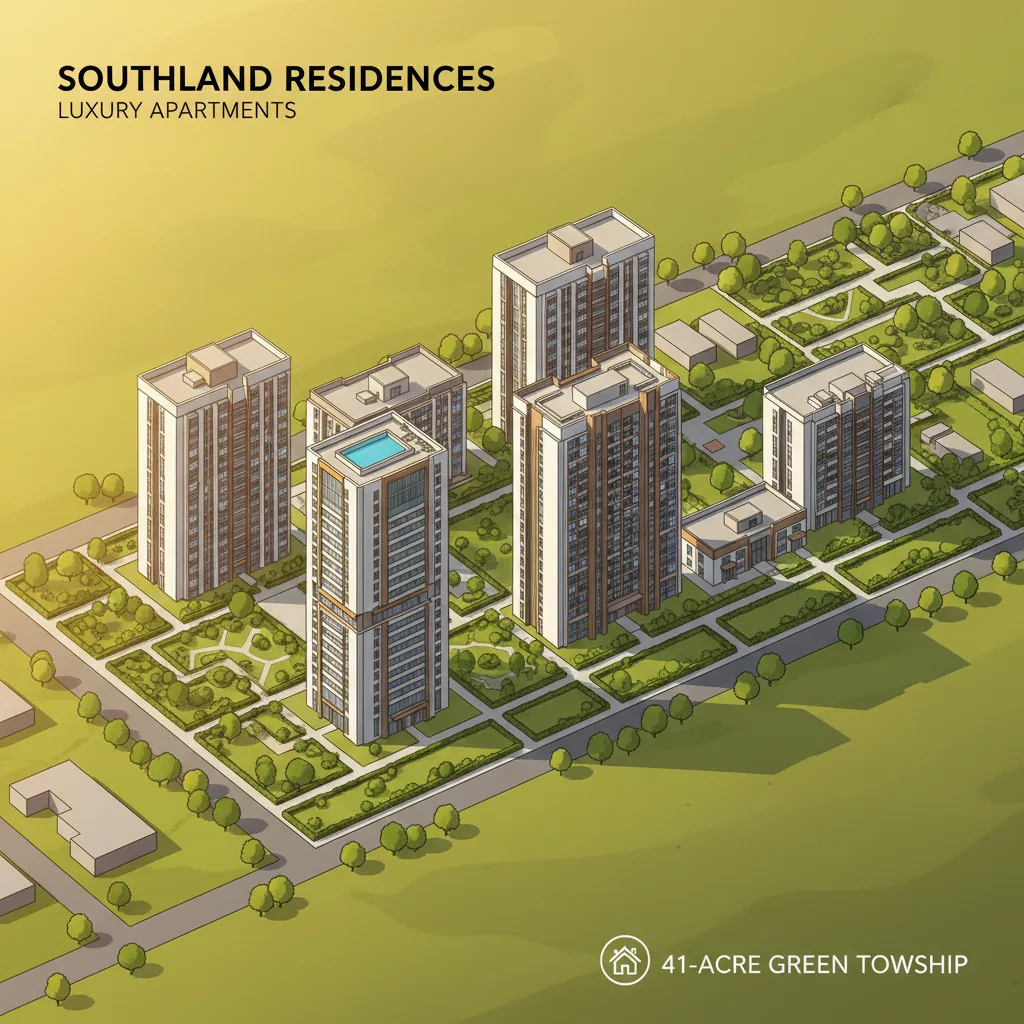 Aerial view of Prestige Falcon City Luxe, the biggest apartment township in South Bangalore with luxury towers and green spaces