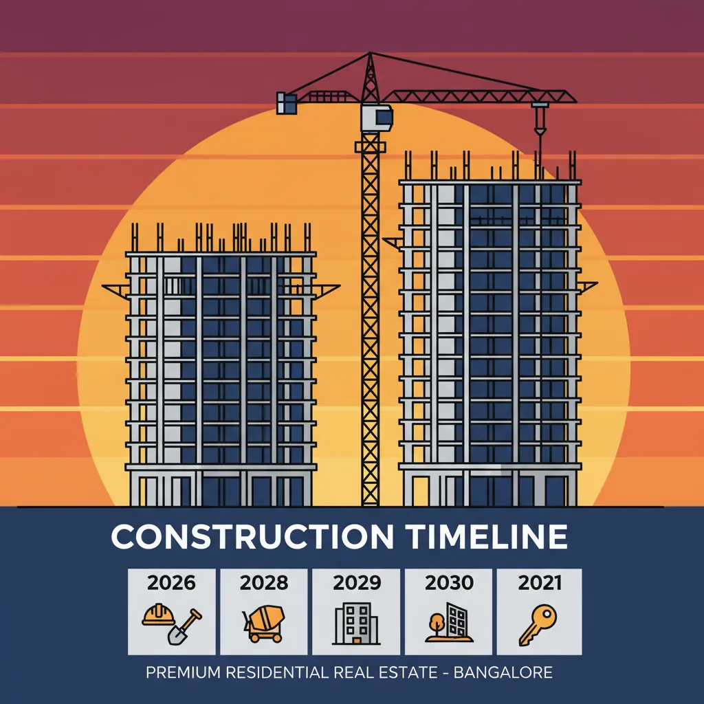 Modern luxury residential high-rise towers under construction in Bangalore with infographic overlay showing construction timeline from 2026 to 2031