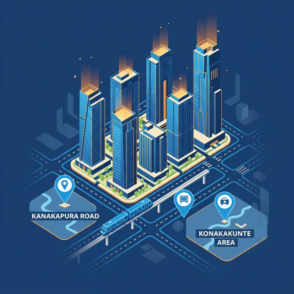 Prestige Falcon City Luxe residential township with connectivity icons showing metro and road network in South Bangalore