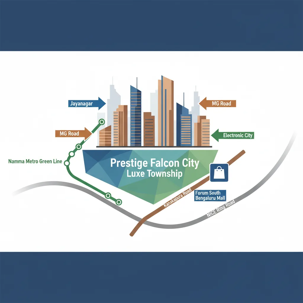 Modern infographic style location map showing directions to Prestige Falcon City Luxe in South Bangalore with Namma Metro Green Line, NICE Ring Road, and Forum Mall landmarks