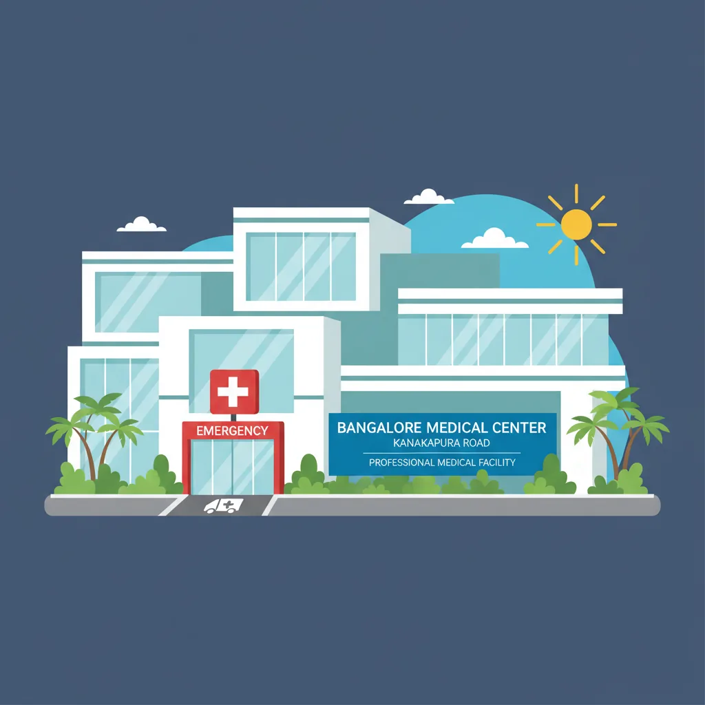 Hospitals near Prestige Falcon City Luxe - Modern hospital building exterior with emergency sign, clean architectural design in Bangalore