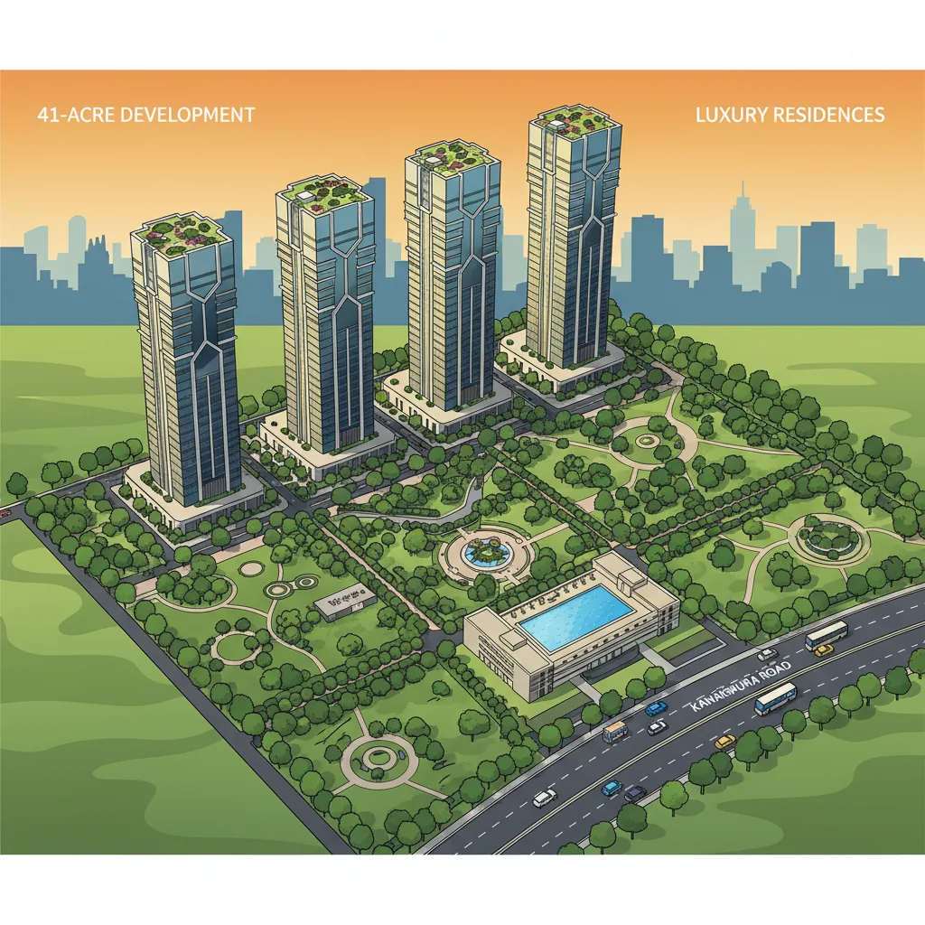 Prestige Falcon City Luxe Latest Photos - Aerial view of luxury residential township with five high-rise towers and 80% green space