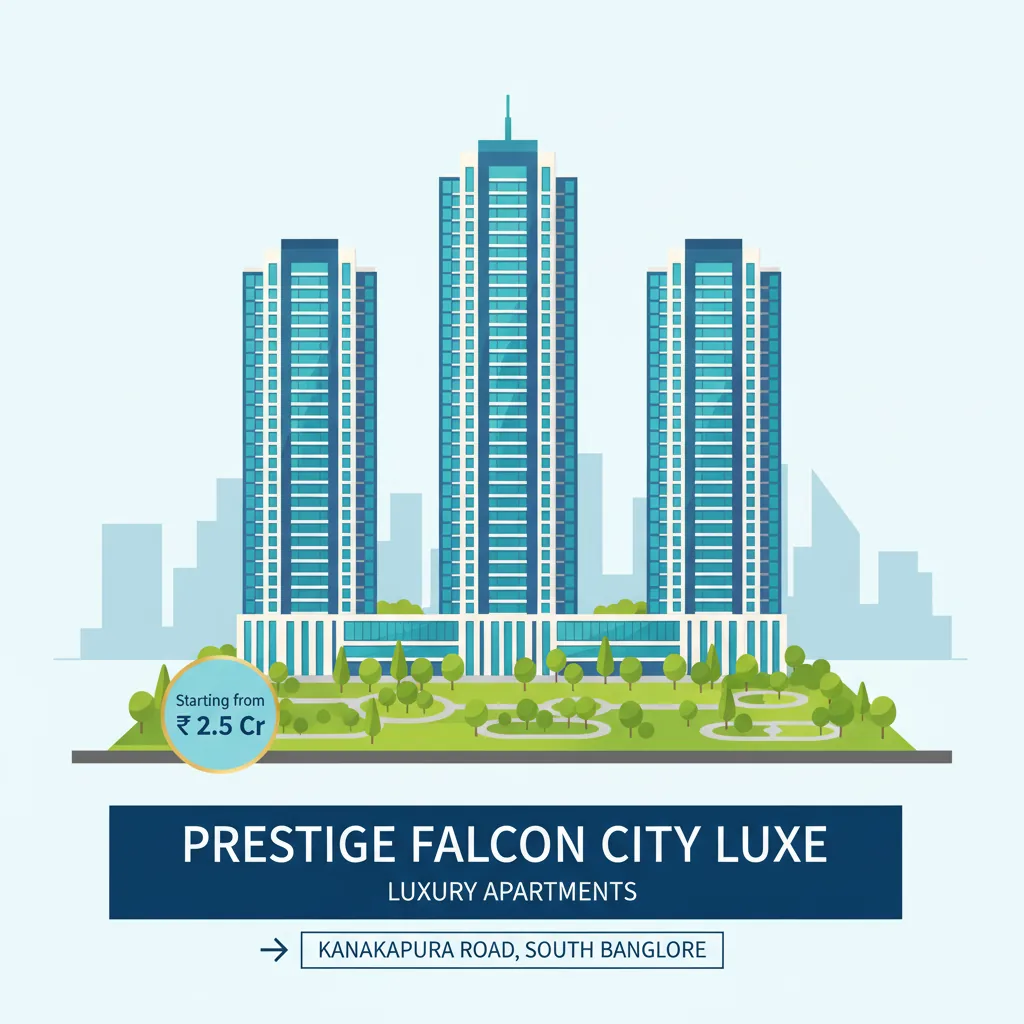 Prestige Falcon City Luxe luxury apartments launch price - modern real estate infographic showing high-rise towers on 41-acre green landscape