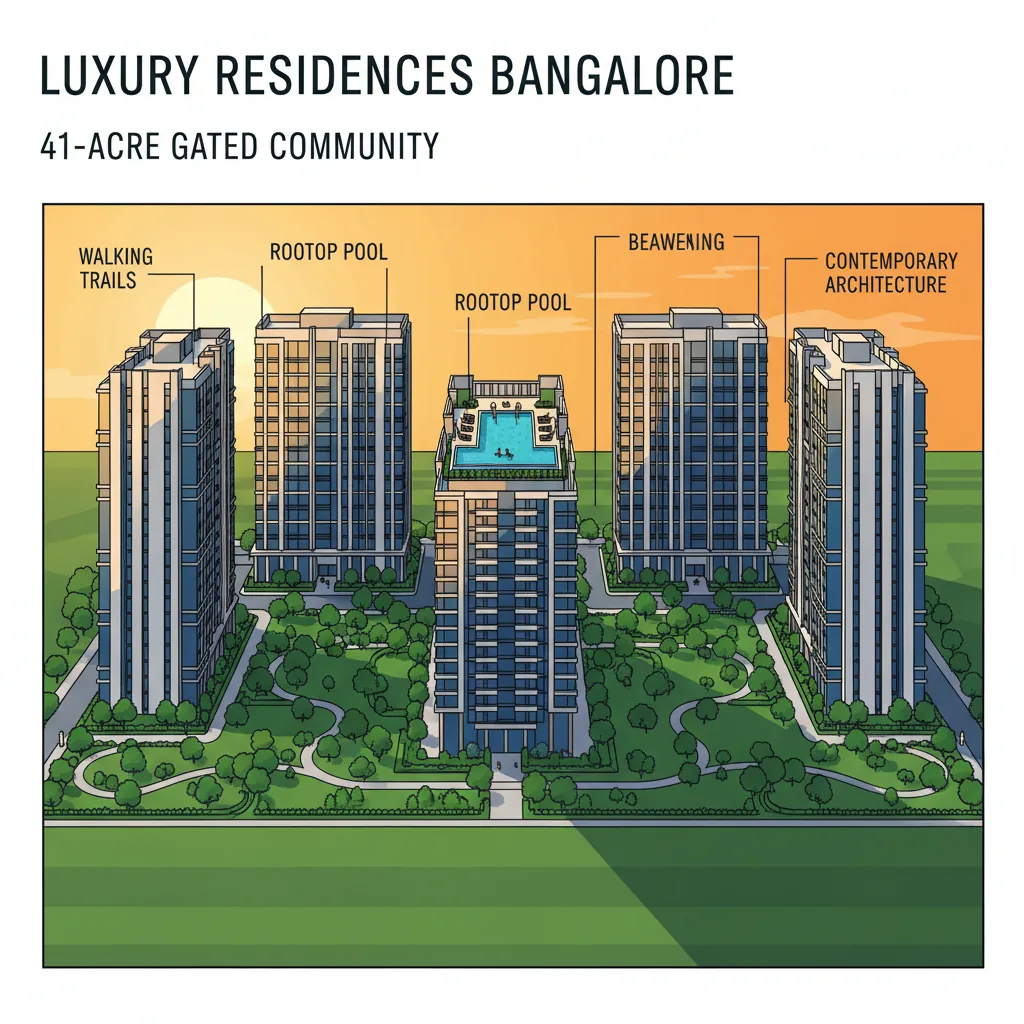 Luxury Apartment in Bangalore - Prestige Falcon City Luxe aerial view of 41-acre township with modern towers and green spaces