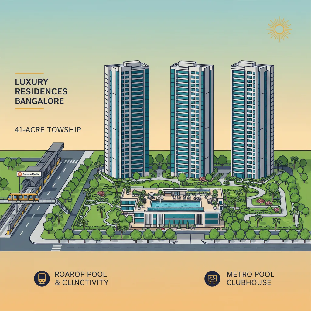 Luxury residential apartment towers in Bangalore aerial view of 41-acre gated township with green gardens and rooftop pool at golden hour