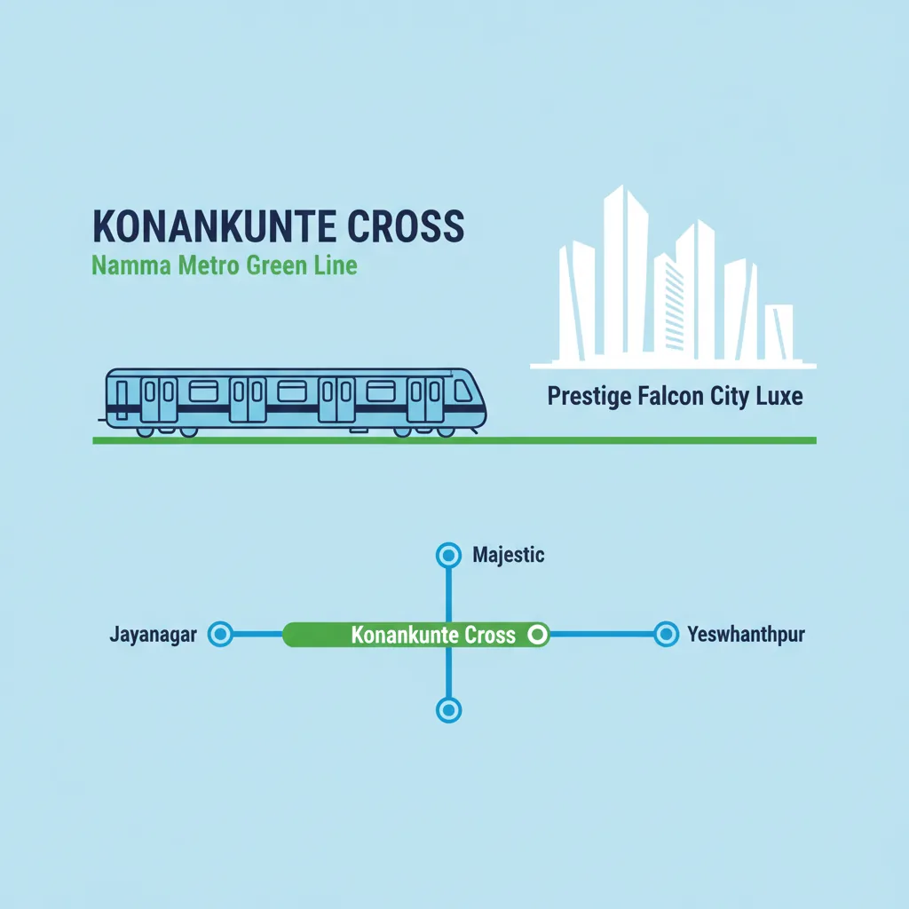 Prestige Falcon City Luxe Metro connectivity infographic showing Konanakunte Cross Metro Station on Green Line
