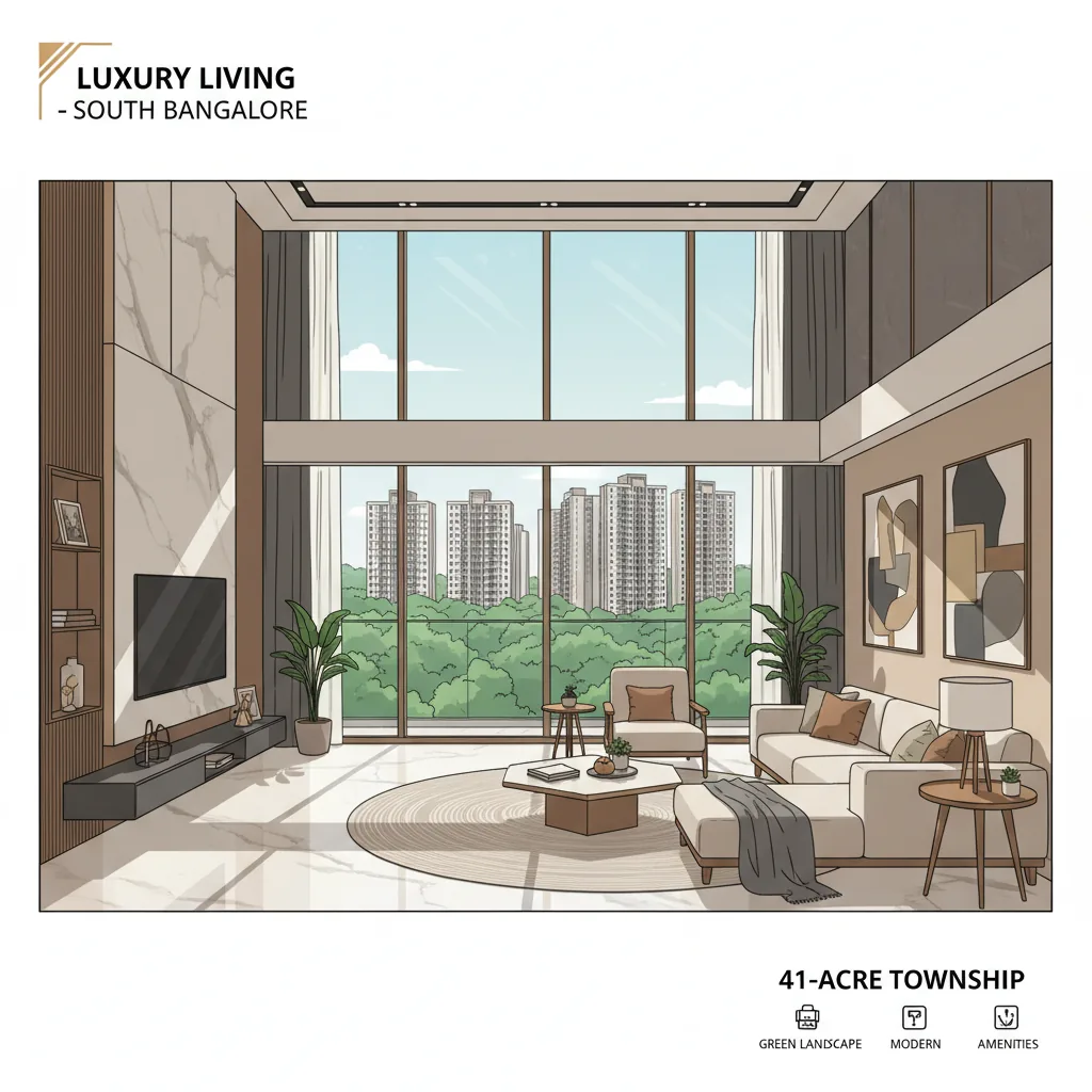 Prestige Falcon City Luxe model apartment interior - modern luxury living room with premium finishes and green landscape views