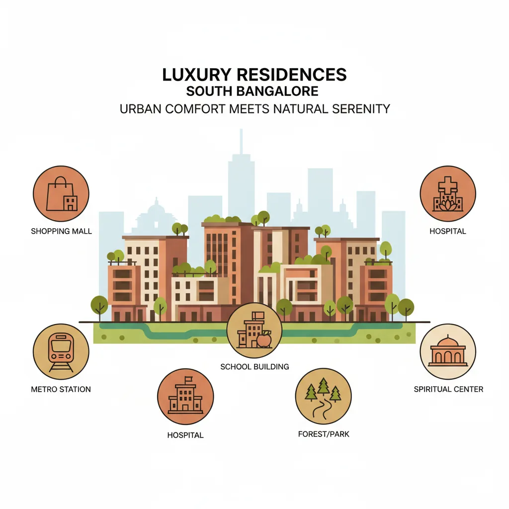 Prestige Falcon City Luxe nearby landmarks infographic showing luxury township with shopping mall, metro, schools, hospitals, and nature spots in South Bangalore