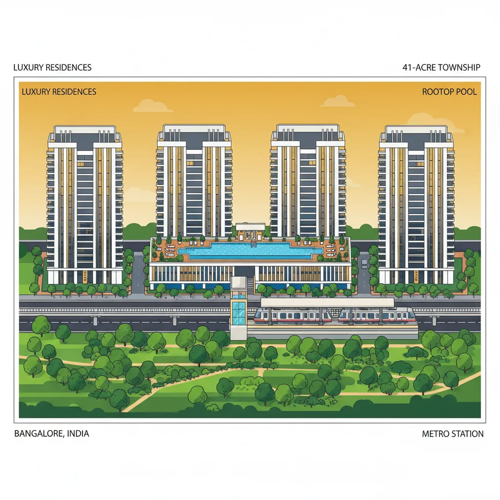 Modern luxury high-rise residential apartment towers in Bangalore, India, aerial view of 41-acre integrated township with lush green landscaping, rooftop swimming pool visible, metro station nearby, contemporary architecture with glass balconies, golden hour lighting, premium real estate visualization, clean architectural photography style