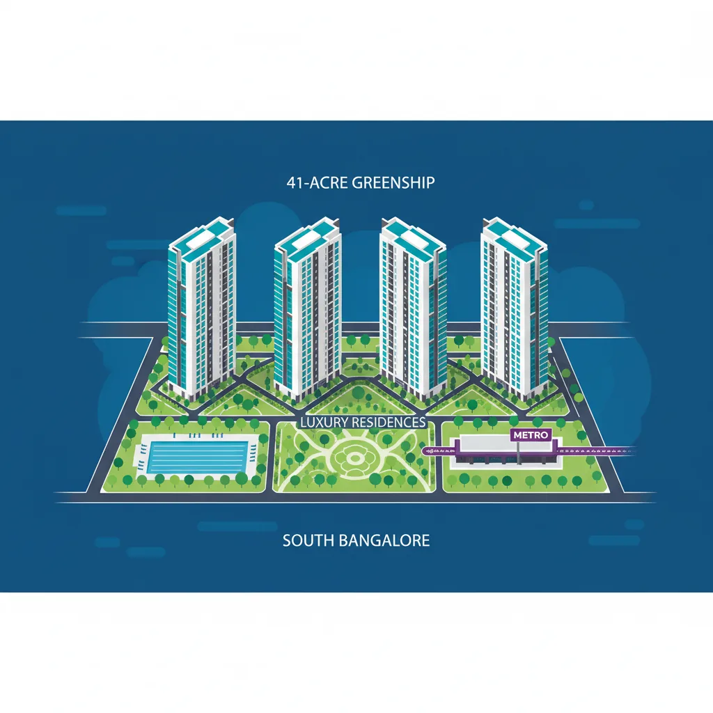 Modern luxury high-rise residential towers in South Bangalore, aerial view of 41-acre green township