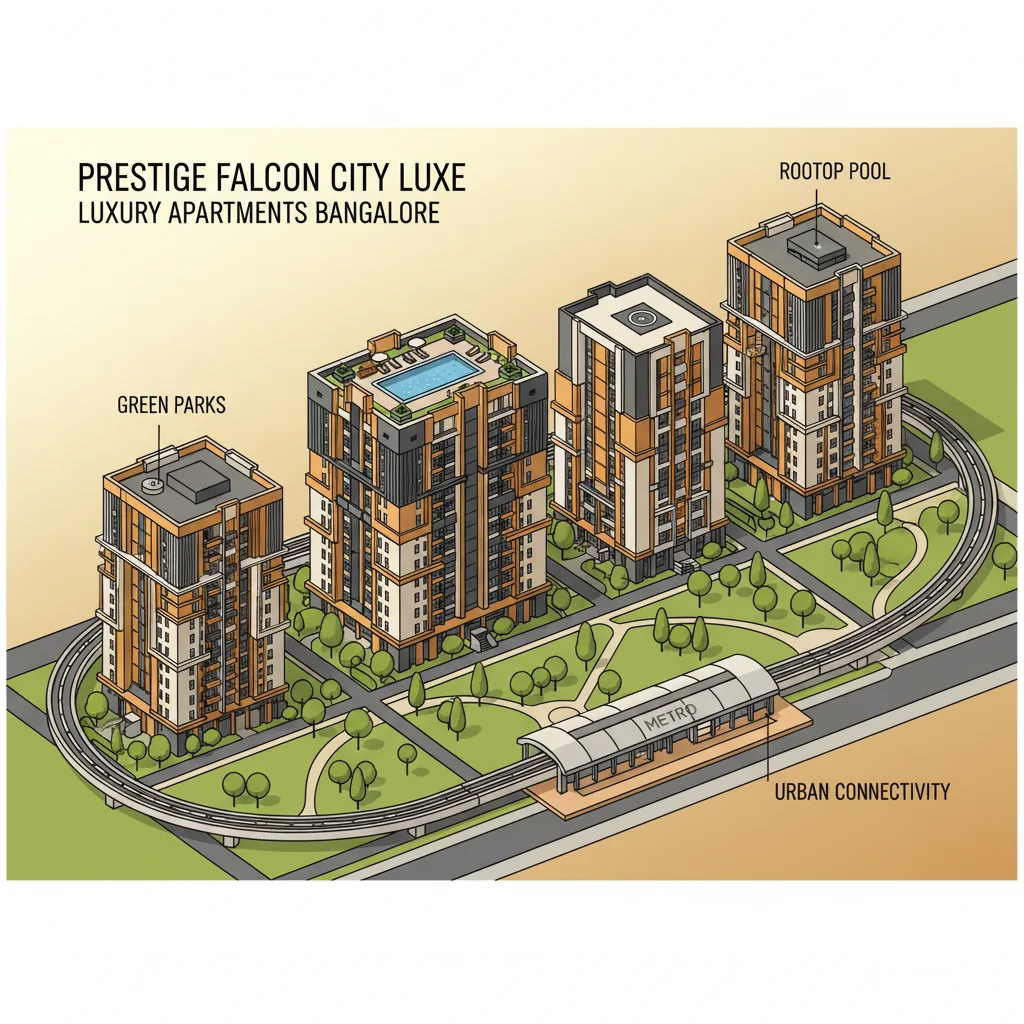 Aerial view of Prestige Falcon City Luxe luxury residential township with modern towers, green parks, metro station nearby, and rooftop pool at golden hour