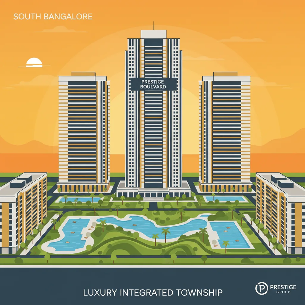 Prestige Falcon City Luxe pre-launch luxury residential towers at sunset aerial view