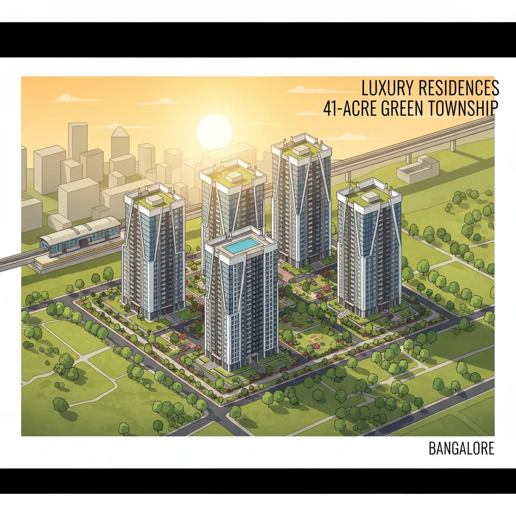 Prestige Falcon City Luxe - Modern luxury residential apartment towers in a lush green 41-acre township with five high-rise buildings, landscaped gardens, and rooftop swimming pool at golden hour