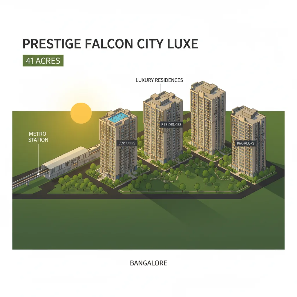 Aerial view of Prestige Falcon City Luxe luxury residential township in Bangalore with rooftop pool and metro access