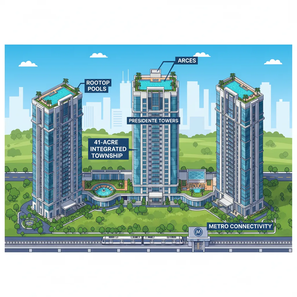Modern luxury residential high-rise towers in Bangalore, aerial view of 41-acre integrated township with lush green landscape and rooftop pool