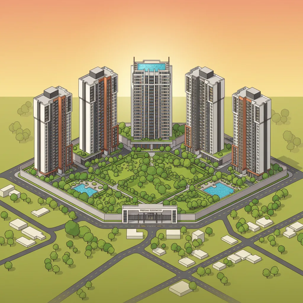 Modern luxury residential apartment complex aerial view, 41-acre township with lush green landscaping, five high-rise towers, rooftop infinity pool visible, premium gated community in Bangalore urban setting