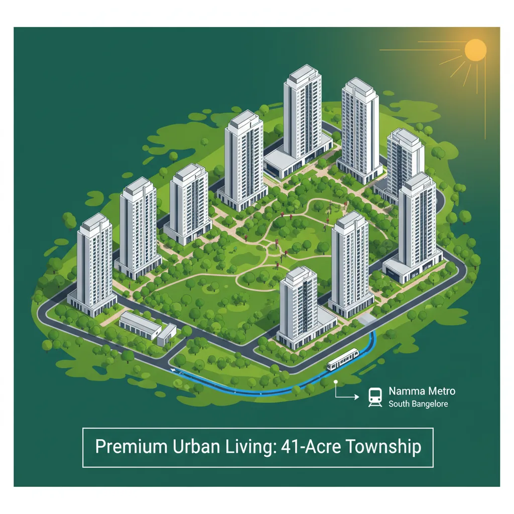 Prestige Falcon City Luxe luxury residential apartment towers in a lush green 41-acre township aerial view
