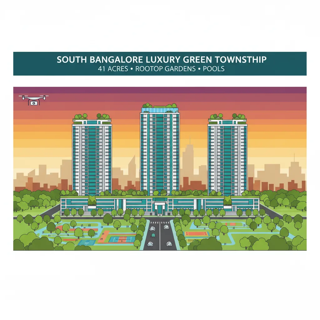 Prestige Falcon City Luxe Video - Aerial drone view of luxury residential high-rise towers in a sprawling 41-acre green township